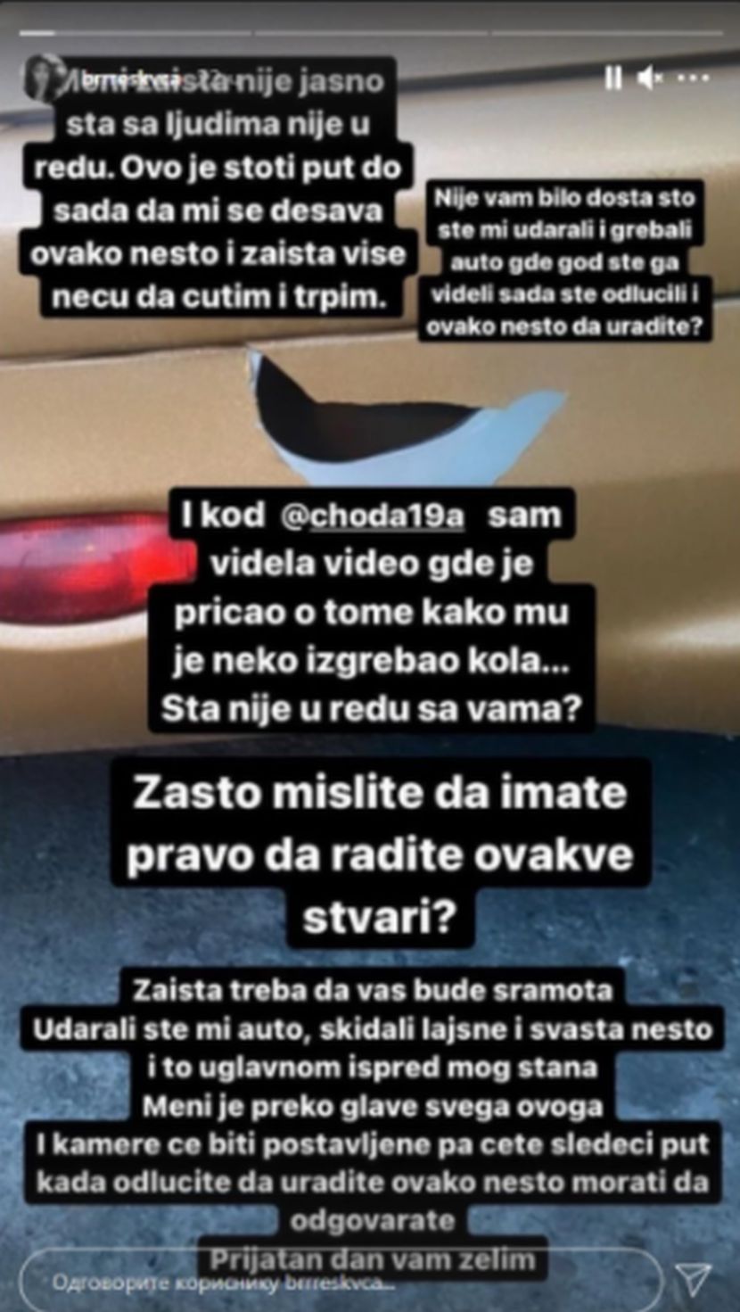 Breskvici uništili auto, ona pobesnela: "Neću da trpim, radite to ispred mog stana"