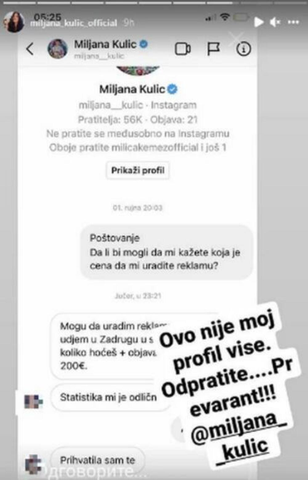 OBJAVA NA PROFILU 200 €, PLUS OBJAVA NA STORIJU! Lažni nalog Miljane Kulić PELJEŠI LJUDE, sve je prevara